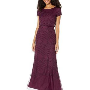 SHORT SLEEVE BEADED BLOUSON GOWN IN CASSIS Sz: 10P